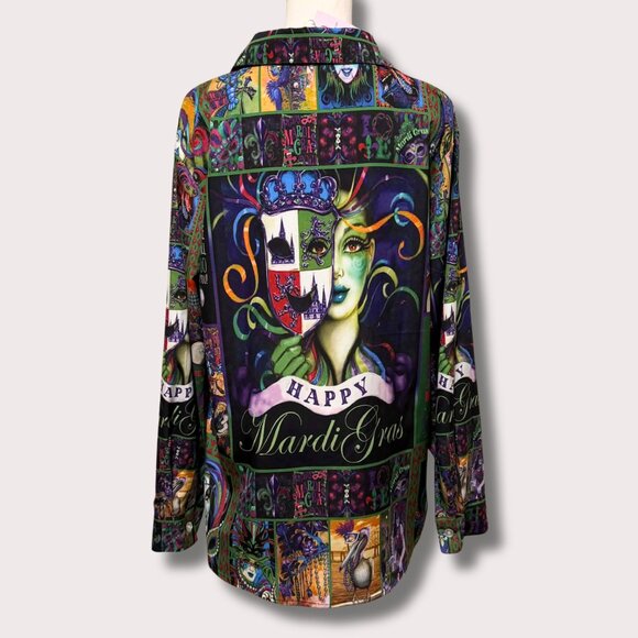 NWT JammyJob Mardi Gras Shirt Size L — Mask Graphic Button Front Top | Gift Idea - Picture 2 of 8